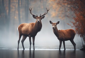 Fototapeta premium scenery standing wildanimal edge mammal generative red tree antler deer created nature wildlife river forest cervid stag ai foggy