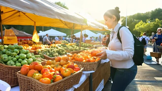 Sunny Day Shopping at a Busy Outdoor Farmers Market