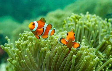 Orange nemo clown fish in the beautiful vivid green anemone. Pair of nemo clown fish living. Generative AI.