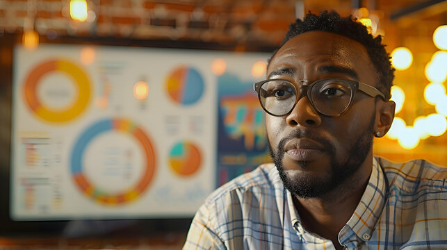 Product Launch: An African American entrepreneur presenting a product launch plan with comprehensive infographics and market analysis