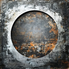 A gray metallic background with a white circle in the center, surrounded by curved metal edges. The texture of concrete and steel is visible on all sides