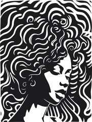 Abstract art vector outline illustration of african woman face. Black and white coloring page of girl face portrait. Modern print, poster image