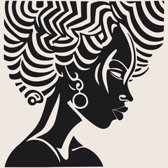 Abstract art vector outline illustration of african woman face. Black and white coloring page of girl face portrait. Modern print, poster image