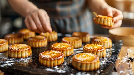 Traditional mooncake making highlighting craftsmanship and culinary traditions Stock Photo with copy space