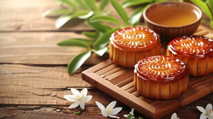 Fototapeta premium Traditional mooncake making highlighting craftsmanship and culinary traditions Stock Photo with copy space