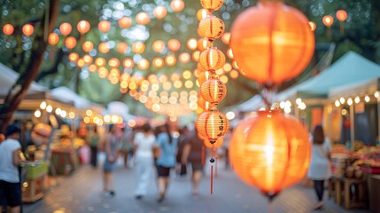 Naklejka premium Cultural fair showcasing regional delicacies and traditional crafts under festive lantern lights Stock Photo with copy space