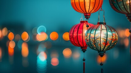 Cultural fair showcasing regional delicacies and traditional crafts under festive lantern lights Stock Photo with copy space