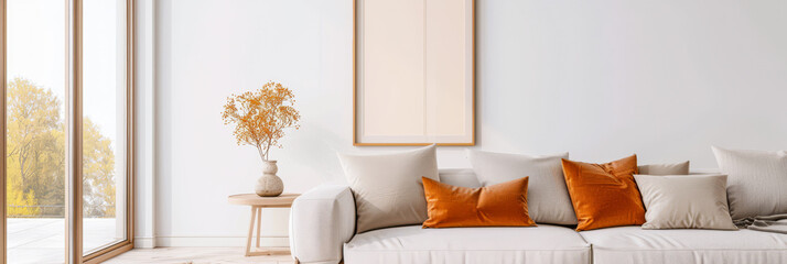 Minimalist living room interiors with minimal furniture, a large window and neutral colors. Residential Real Estate composition with copy space.