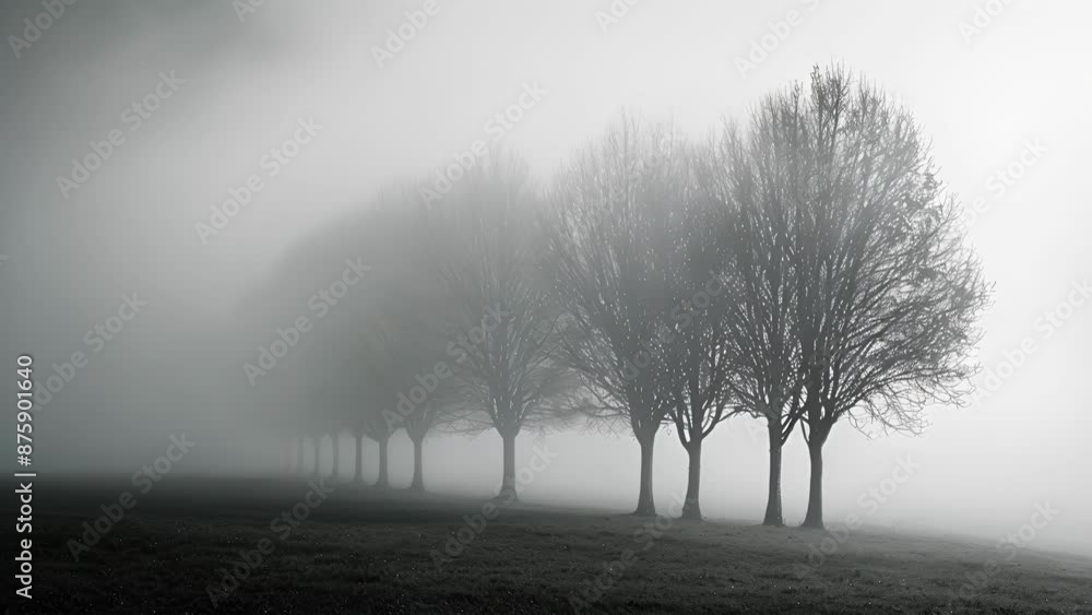 Poster a group of trees loom out of the fog like ghostly apparitions adding to the eerie atmosphere. black 
