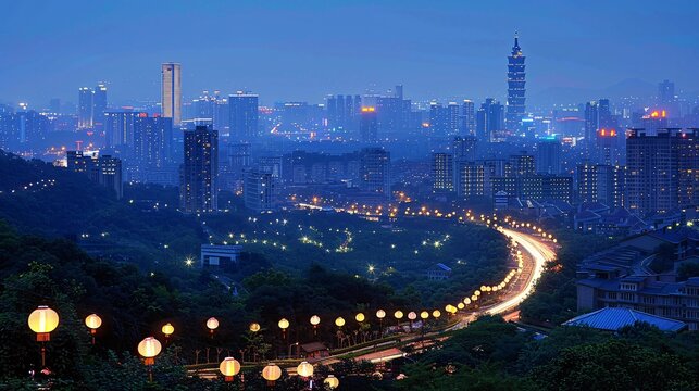 Nighttime cityscape illuminated by lantern displays blending modernity with traditional charm Stock Photo with copy space