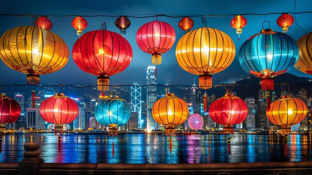 Nighttime cityscape illuminated by lantern displays blending modernity with traditional charm Stock Photo with copy space