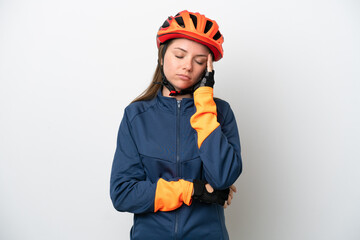 Young cyclist Lithuanian woman isolated on white background with headache