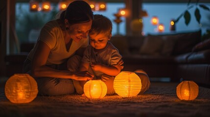 Family decorating their home with festive lanterns fostering a warm and festive atmosphere Stock Photo with copy space