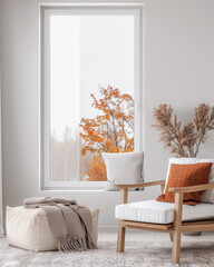 Minimalist living room interiors with minimal furniture, a large window and neutral colors. Residential Real Estate composition with copy space.
