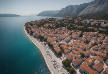 Fototapeta premium coast beach croatia sea beautiful aerial photo makarska drone mountains city adriatic background architecture clear building