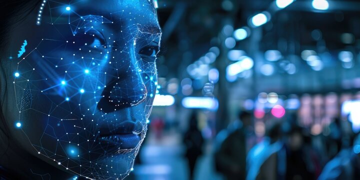 Close-up of a digital face with technology overlay, set in a modern cityscape, highlighting advancements in AI. AIG62