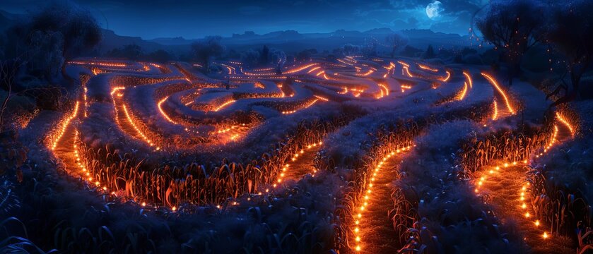 A picturesque image of a corn maze lit up at night, with pathways glowing with string lights and eerie shadows cast by moonlight, stunning detail