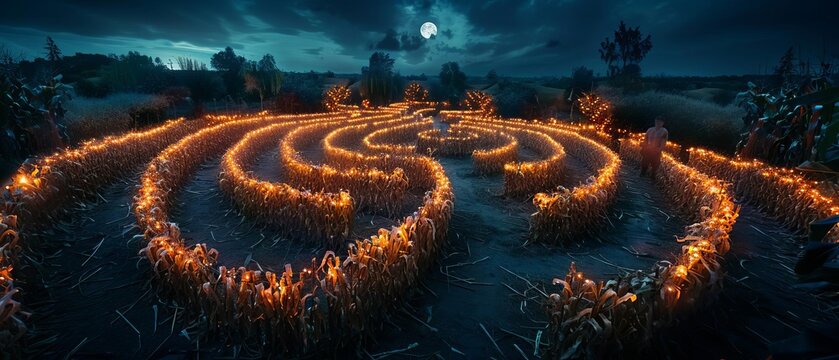 A picturesque image of a corn maze lit up at night, with pathways glowing with string lights and eerie shadows cast by moonlight, stunning detail