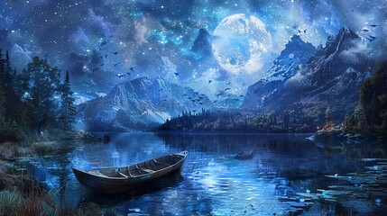 Colorful fireworks display over a moonlit river adding excitement to the festive celebrations Stock Photo with copy space