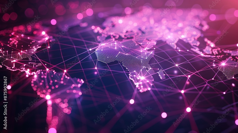 Poster global connectivity: glowing digital world map with network nodes and connections