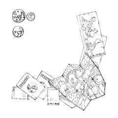 Multinational world map, passport id document, plane train ferry ticket coupon permit, stickers. Vector ink hand drawn illustration. Square frame. Design for tourism, travel brochure, booklet, guide.