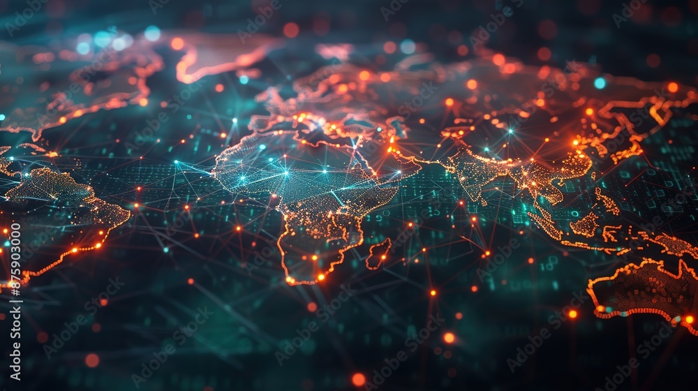 Poster global digital connectivity: glowing network nodes and connections map