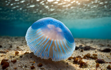 Porpita porpita or Blue Button Jellyfish. Generative AI.
