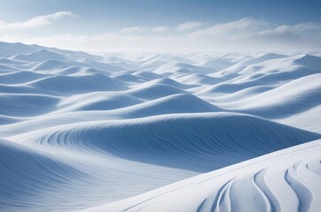 Panoramic view of snow-covered mountain landscape with windblown patterns