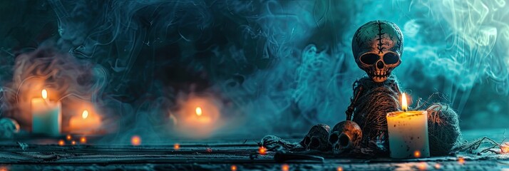 Voodoo dolls and dark magic elements with eerie background, copy space for party invitation