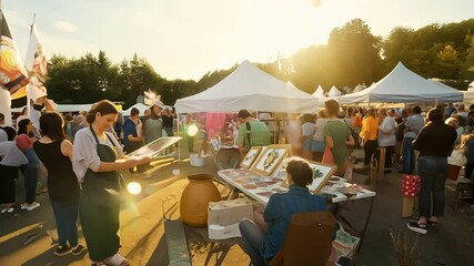 Busy Outdoor Market With Vendors and Shoppers on a Sunny Day