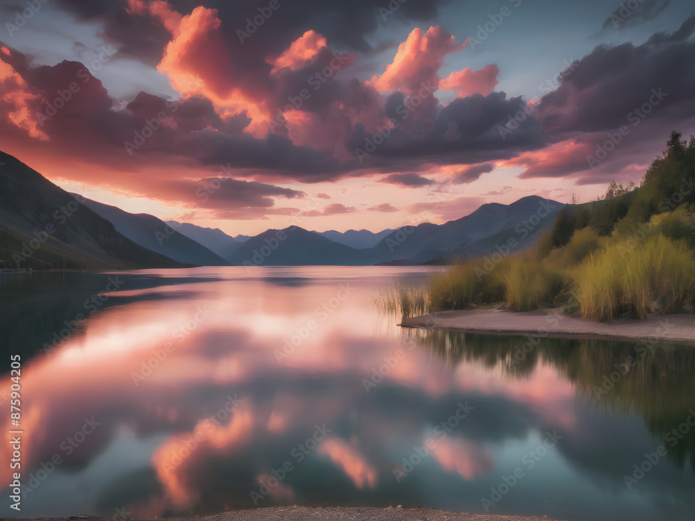 Wall mural A serene sunset over a tranquil lake surrounded by mountains, with a vibrant sky reflecting on the calm water.