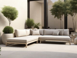 Modern outdoor patio with a stylish, minimalist white sectional sofa and lush potted plants, creating a serene and inviting relaxation space.