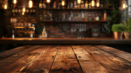 Obraz premium Wooden Board Table in Front of Blurred Coffee Shop Background for Product Display