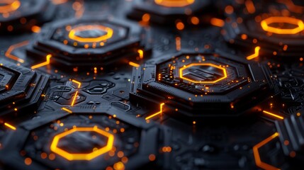 Futuristic Glowing Hexagons form a Circuit Board