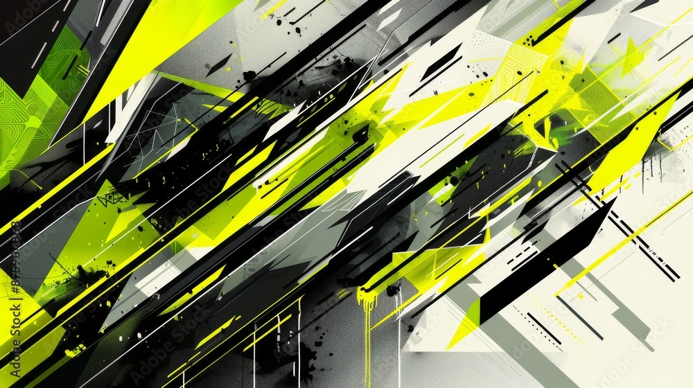Poster abstract geometric shapes and lines in neon yellow, gray, and black create a dynamic and visually st
