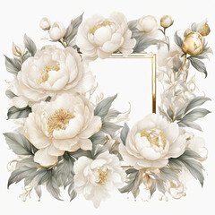 Watercolor floral gold frame with luxury white peonies. Perfect for wedding invitation.