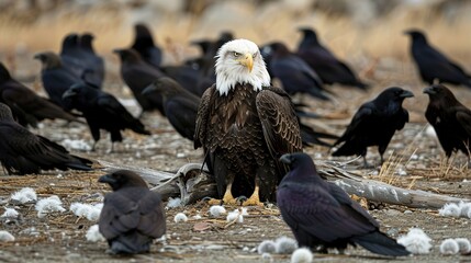 Wounded Eagle Surrounded by Black Crows: A Dramatic and Intense Scene
