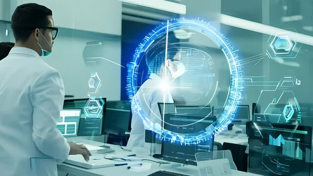 Scientist Demonstrates New Medical Technology to Colleagues in Modern Lab