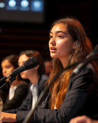 students participating in a debate competition lively discussion on stage with microphones