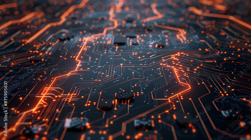 Poster futuristic technology: macro shot of digital circuit board with intricate pathways and connections
