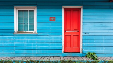 Obraz premium Vibrant blue house exterior with contrasting red front door