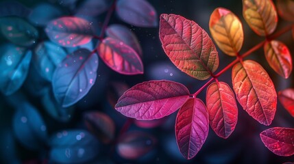 Glowing red and blue leaves of a plant in the dark with a blurred background