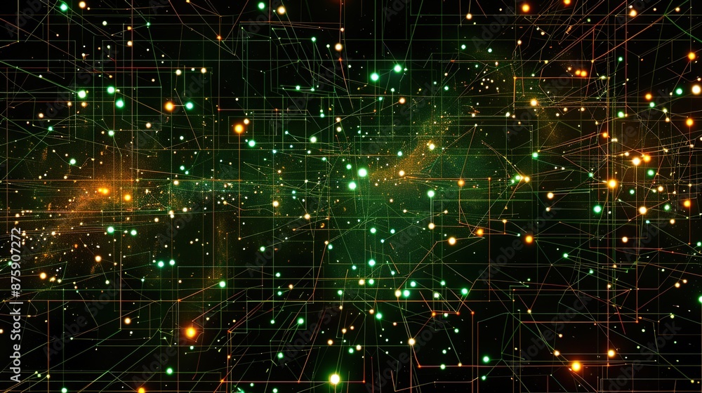 Poster glowing digital grid network with interconnected nodes - abstract technology background