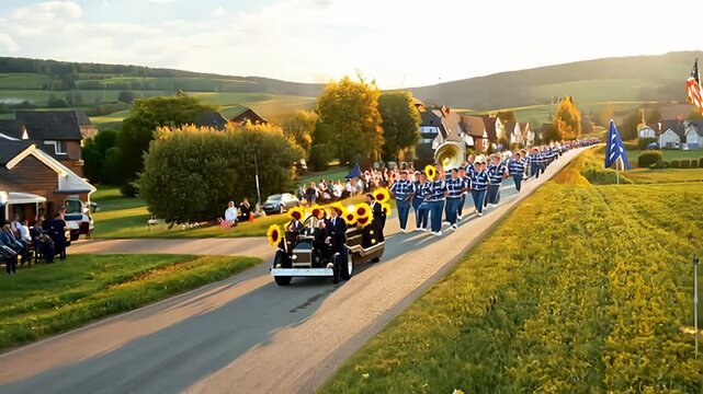Rural German Parade With Vintage Car and Brass Band