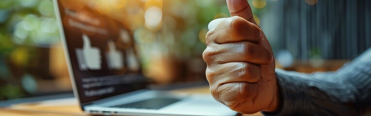  Positive online review concept image with a hand doing a thumbs-up 