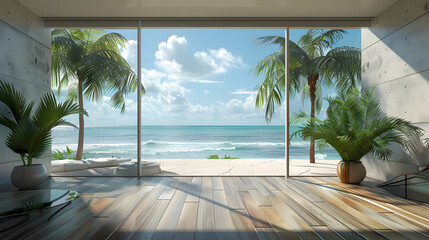 Beautiful Home Interior with Black Living Room and Ocean View