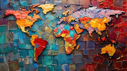 Global Diversity Mosaic - Colorful world map made of mosaic tiles representing worldwide multiculturalism and unity.
