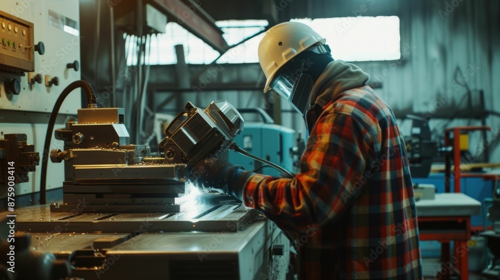 Poster smart engineer checking iron machine in factory while wearing safety helmet. professional industrial