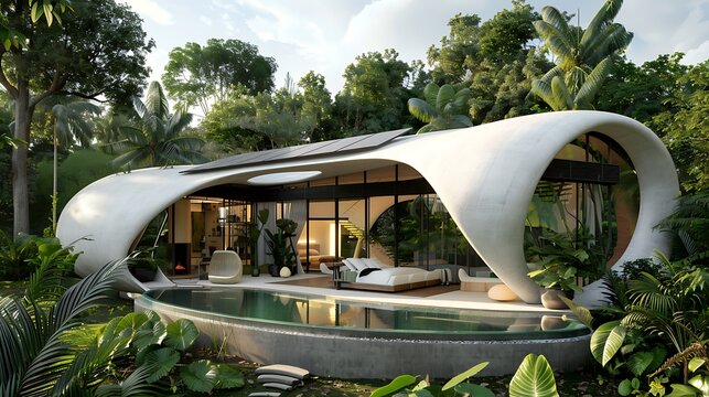 Modern inflated smooth flowing paraboloid house with the jungle on solar panels very detailed and realistic shape