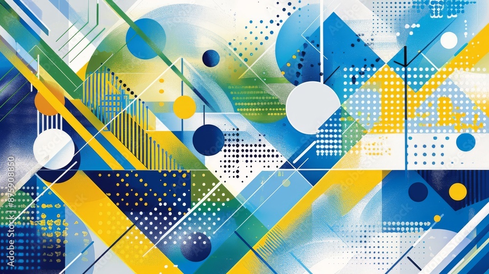Poster graffiti-inspired geometric shapes and patterns in blue, yellow, and green create a vibrant and dyna